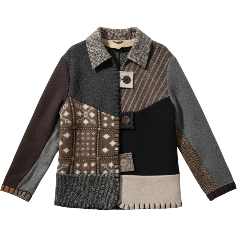 VTG BaaBaaZuzu Patchwork Wool Y2k Jacket Women L Brown Gray Upcycled Artisan Coa